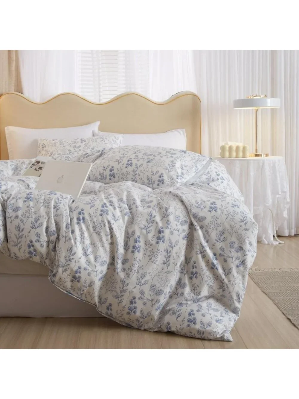 Blue Floral Full Comforter Set - Soft Microfiber Bedding, Vintage Garden Boho